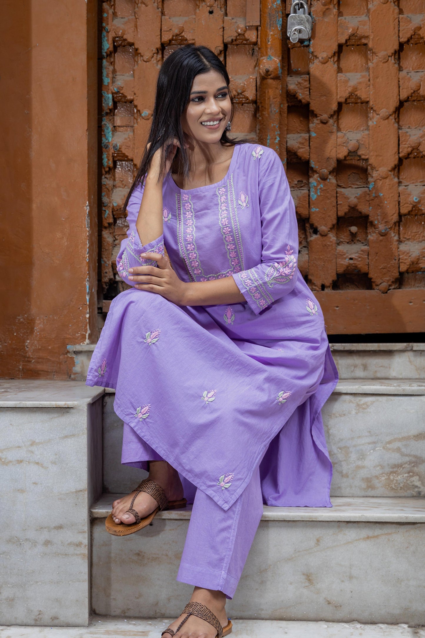 Gharana India Mul Cotton Lilac Chikankari Kurta Set - 2Pc | Swadesiicart