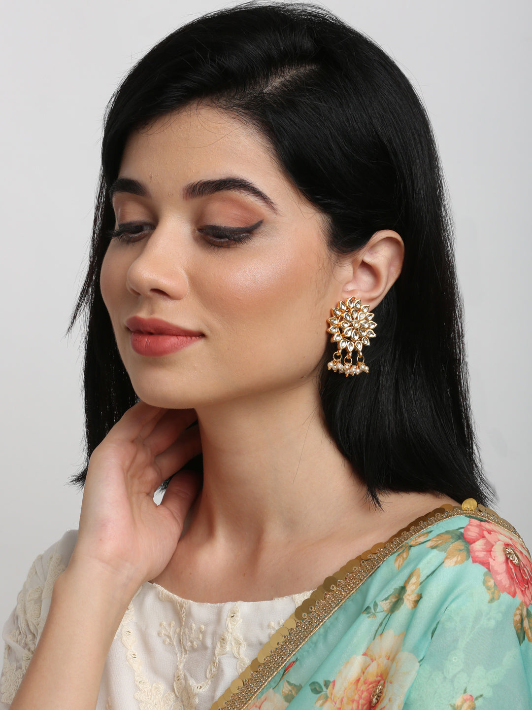 Gold-Polished Kundan Earrings - Ruby Raang | Swadesiicart