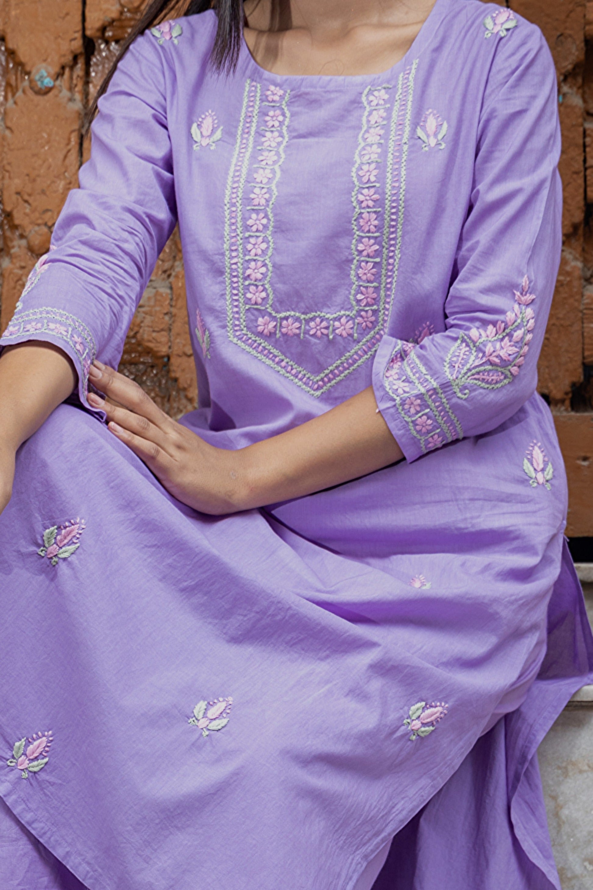 Gharana India Mul Cotton Lilac Chikankari Kurta Set - 2Pc | Swadesiicart