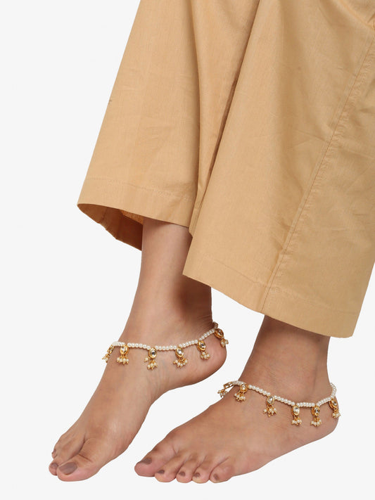 White Gold-Toned Plated Kundan Anklets Set Of 2 - Ruby Raang | Swadesiicart