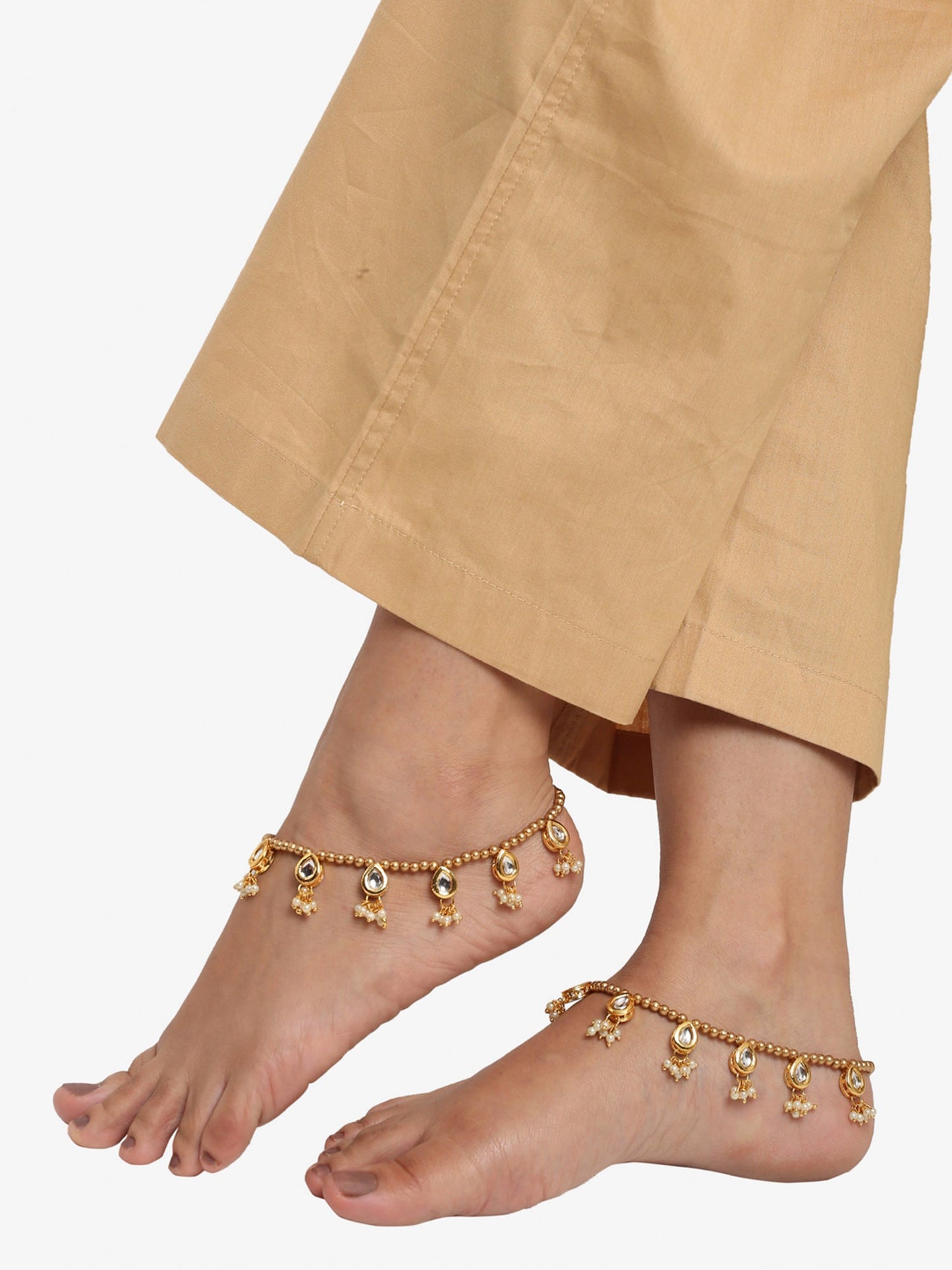 Gold-Polished White Kundan Set Of 2 Anklets - Ruby Raang | Swadesiicart