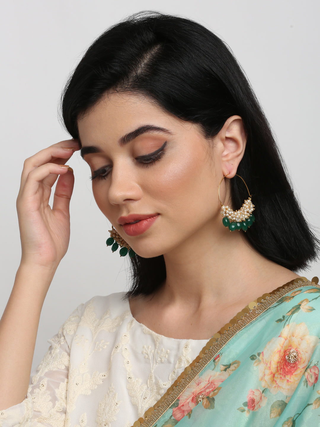 Pearl & Emerald Loops - Ruby Raang | Swadesiicart