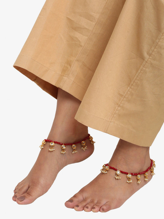 Women's Set Of 2 Red Anklets - Ruby Raang | Swadesiicart