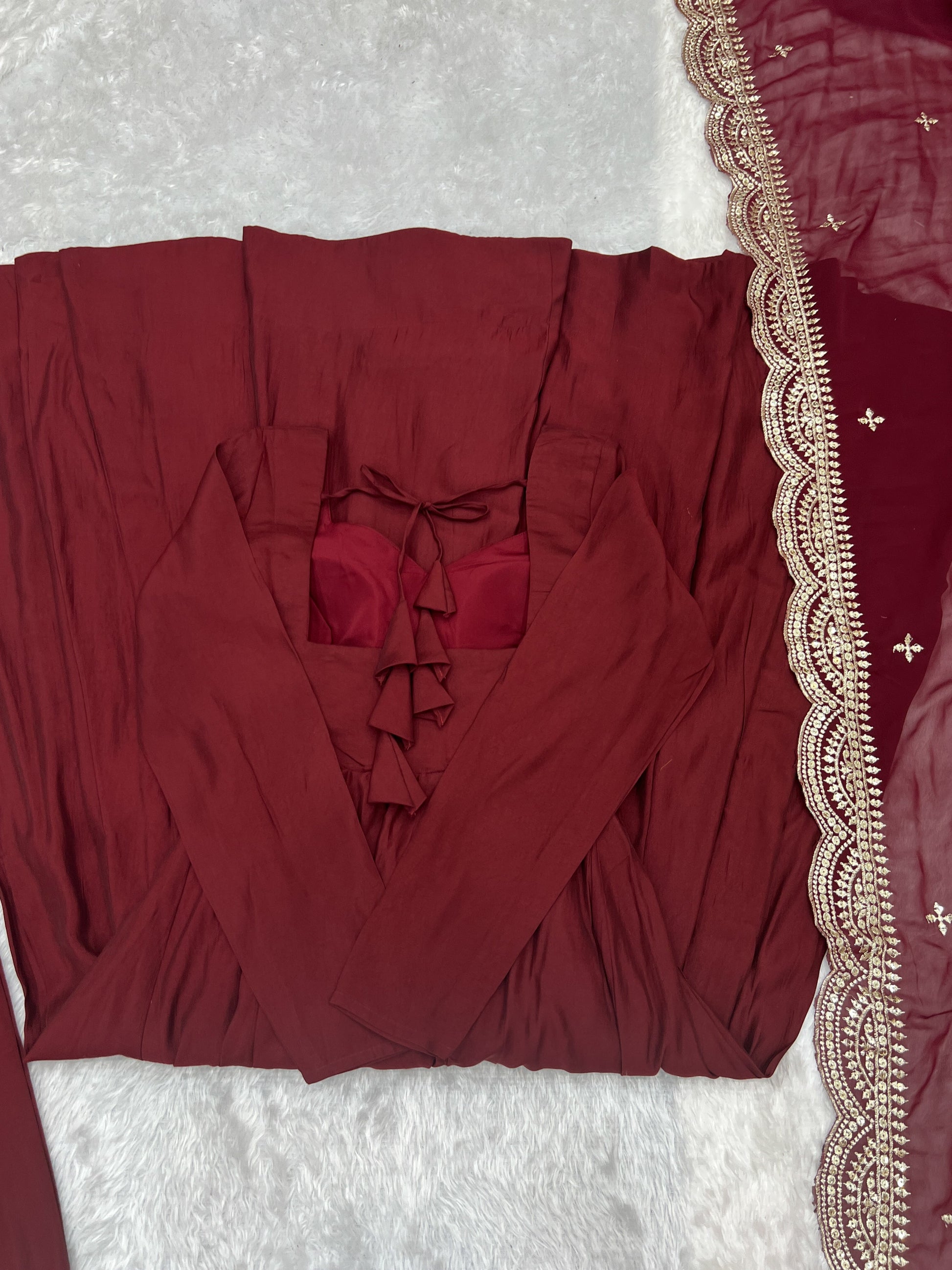 Lorenvalley Fashion Maroon Pure Roman Silk Chanderi Fabric Fully Flared Anarkali Pant With Dupatta Set - Maroon - Swadesiicart