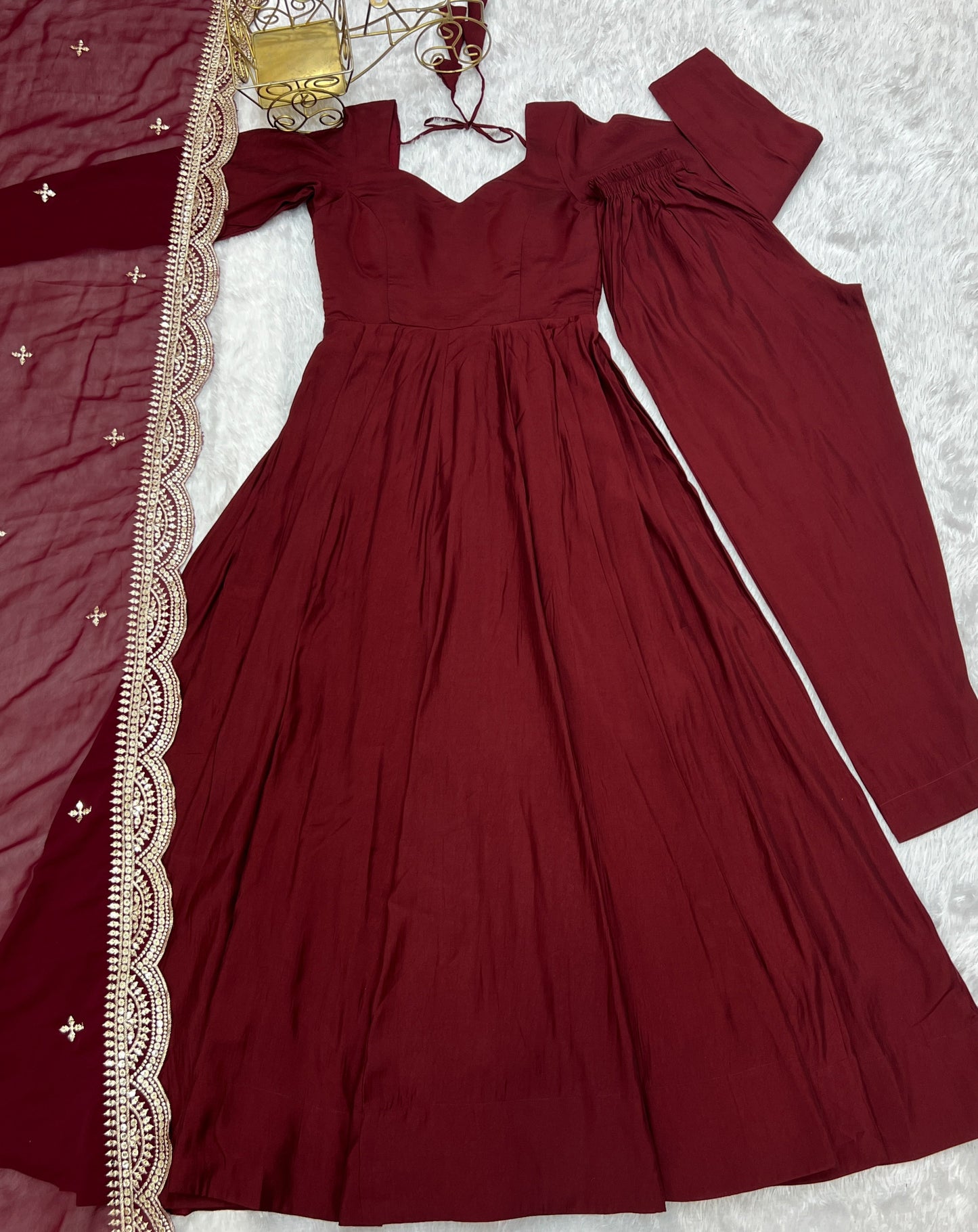 Lorenvalley Fashion Maroon Pure Roman Silk Chanderi Fabric Fully Flared Anarkali Pant With Dupatta Set - Maroon - Swadesiicart