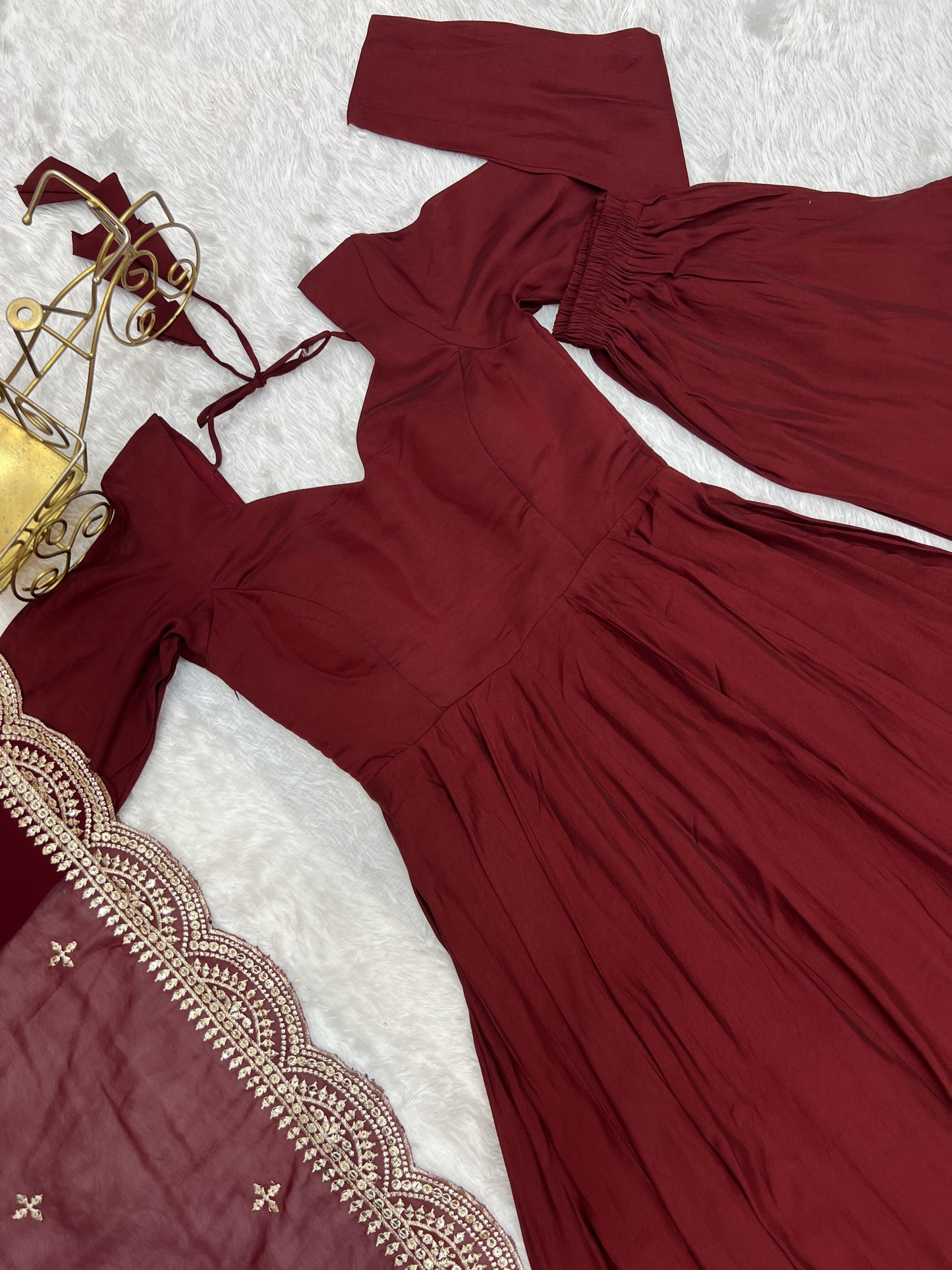 Lorenvalley Fashion Maroon Pure Roman Silk Chanderi Fabric Fully Flared Anarkali Pant With Dupatta Set - Maroon - Swadesiicart