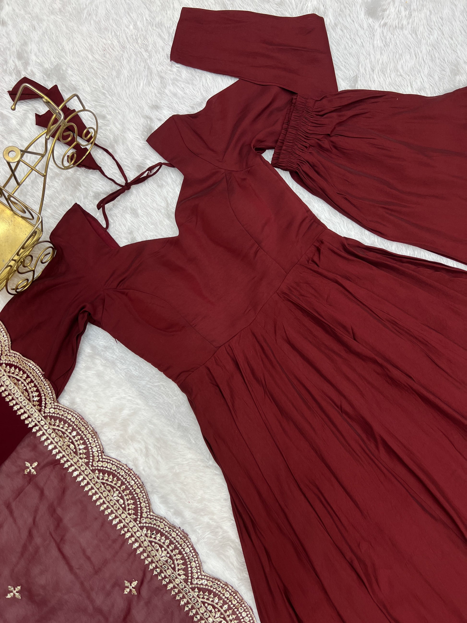 Lorenvalley Fashion Maroon Pure Roman Silk Chanderi Fabric Fully Flared Anarkali Pant With Dupatta Set - Maroon - Swadesiicart