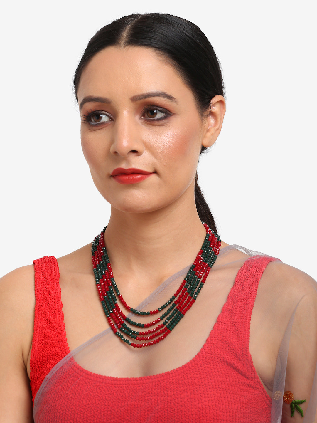 Red Black Multi Layered Onyx Neckpiece With Kundan Studs - Ruby Raang - Ruby Raang Studio