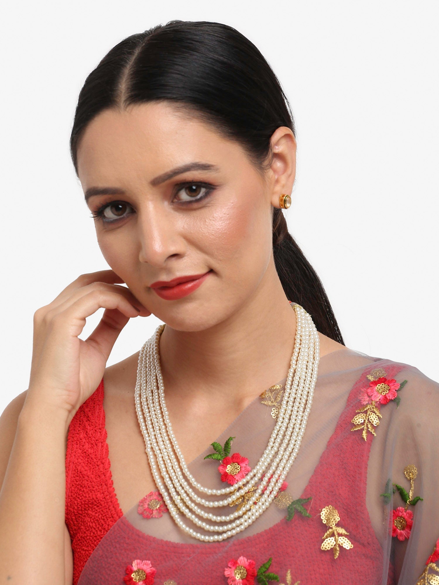 Women's White Gold-Toned Plated Kundan Layered Necklace Set - Ruby Raang - Ruby Raang Studio