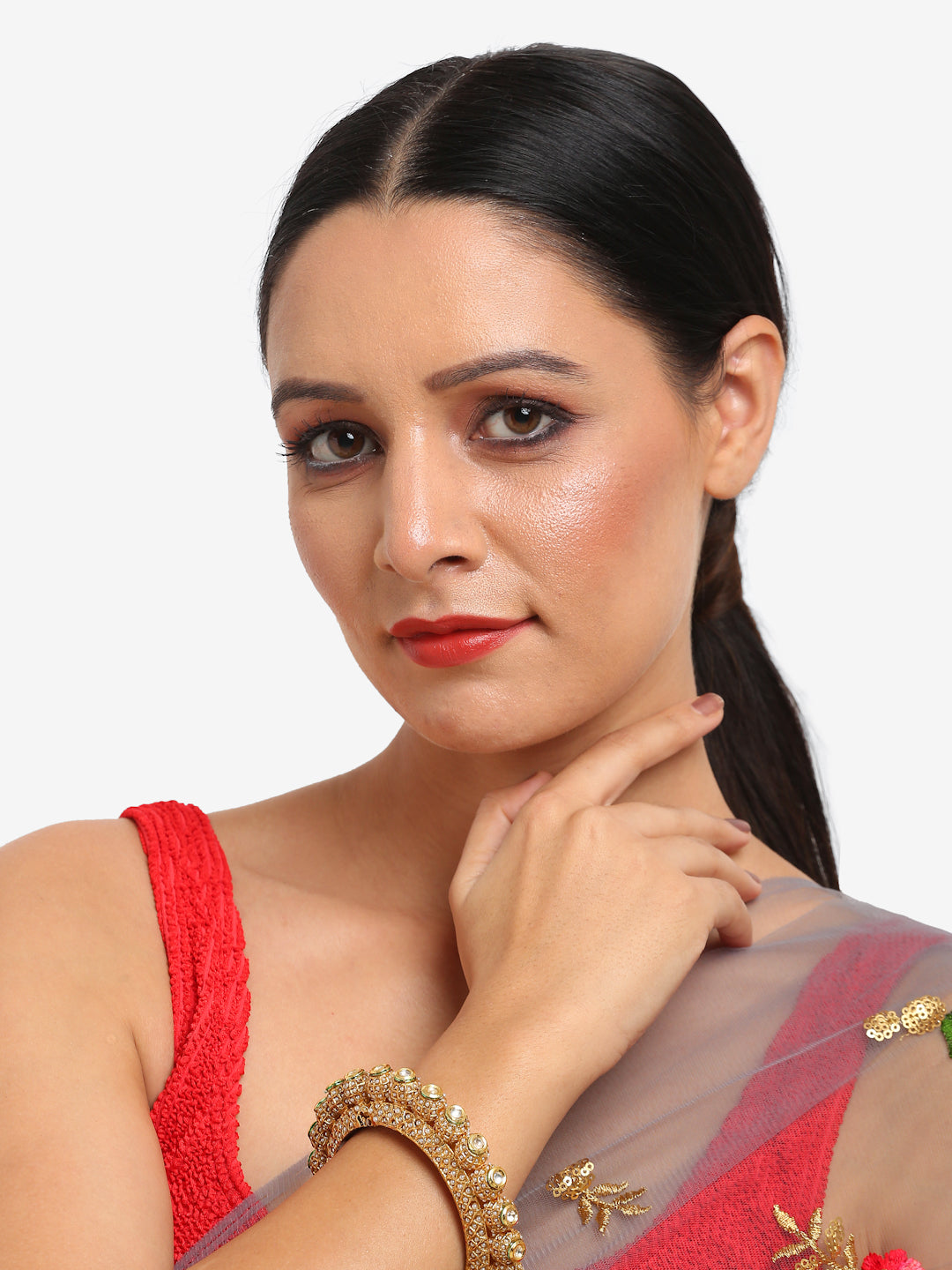Gold-Polished White Pearl Studded Beaded Bangle - Ruby Raang - Ruby Raang Studio