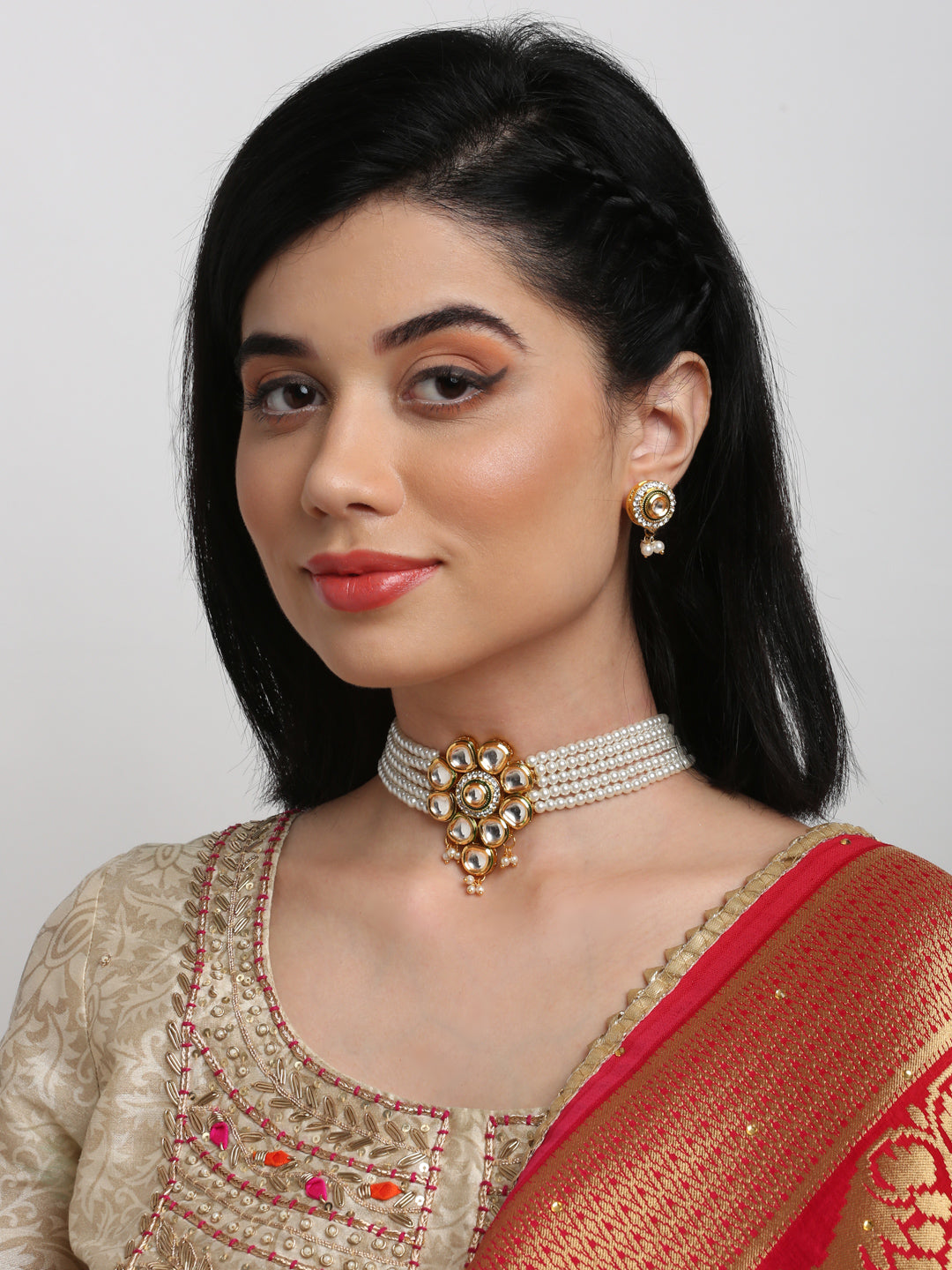 Kundan Choker With Pearls, Earrings - Ruby Raang | Swadesiicart