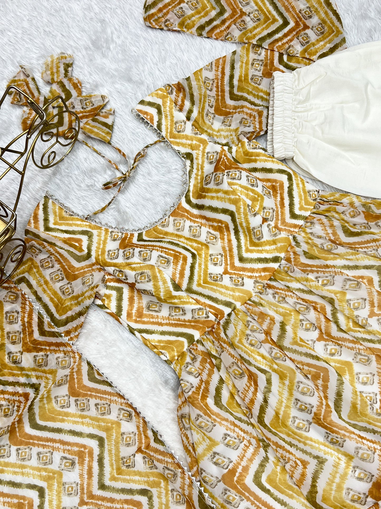Lorenvalley Fashion Yellow Pure Faux Georgette Zigzag Print Fully Flair Anarkali Pant With Dupatta - Yellow - Swadesiicart