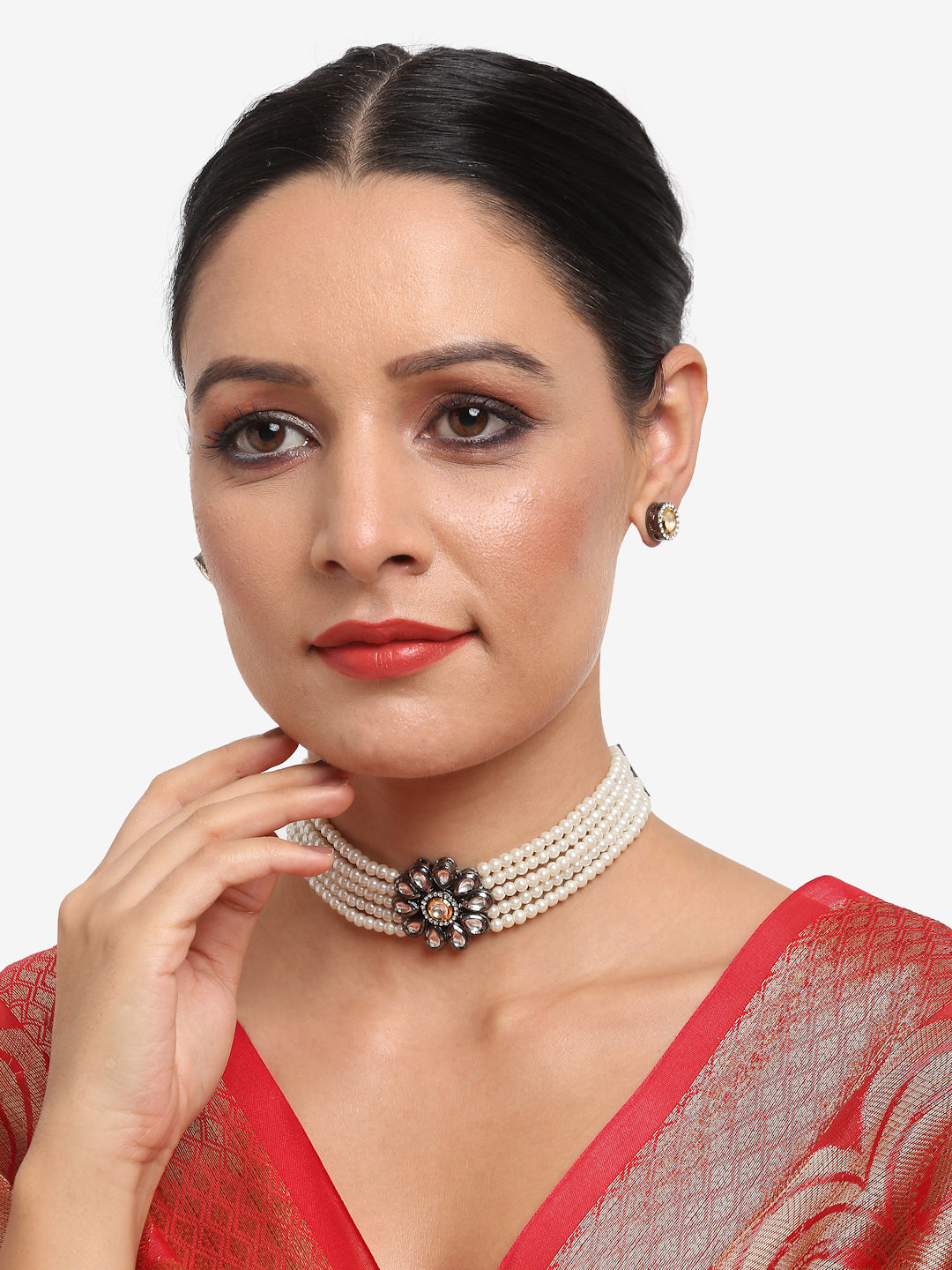 Silver-Plated Kundan Pearl Choker With Studs - Ruby Raang | Swadesiicart