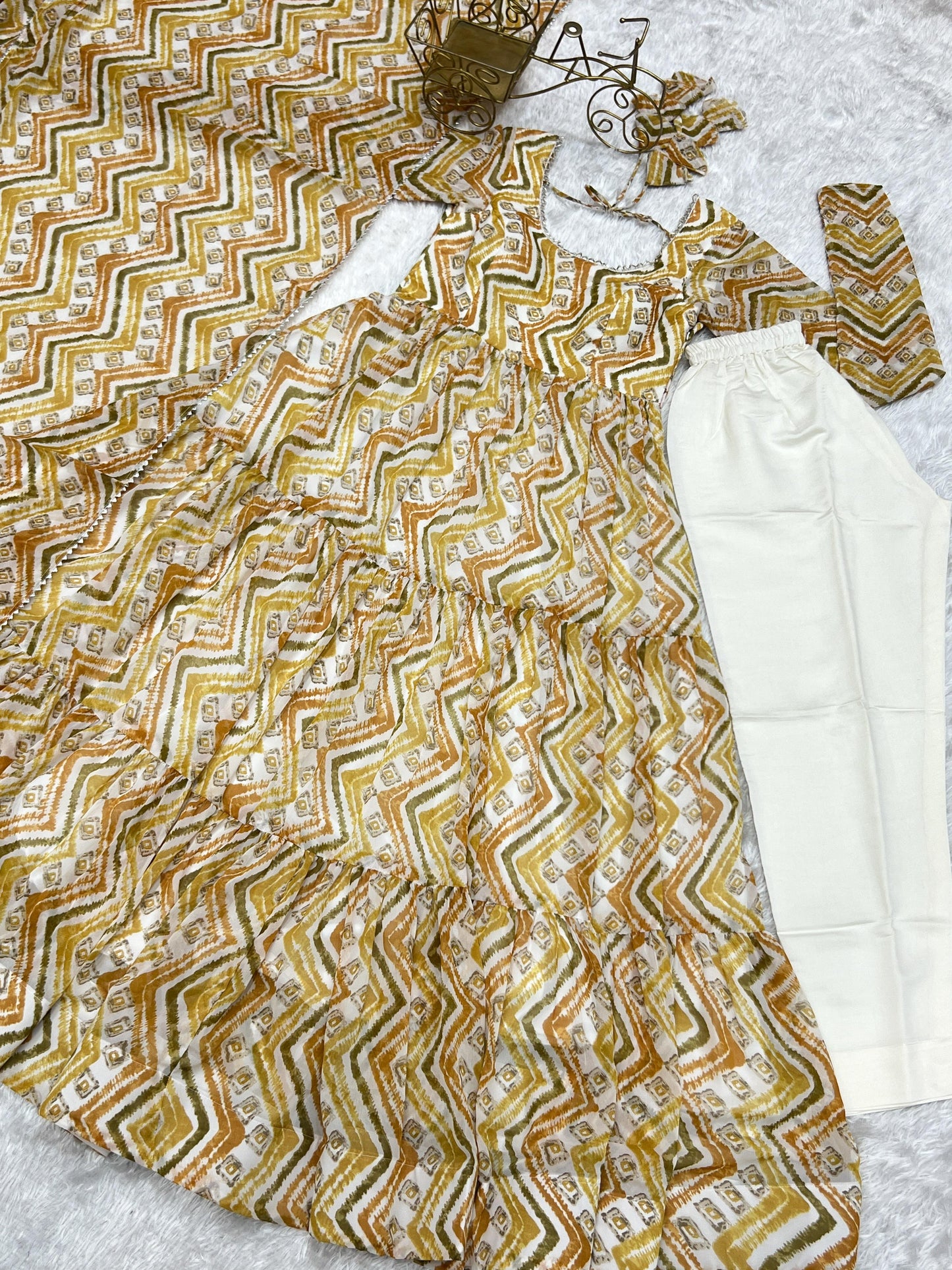 Lorenvalley Fashion Yellow Pure Faux Georgette Zigzag Print Fully Flair Anarkali Pant With Dupatta - Yellow - Swadesiicart