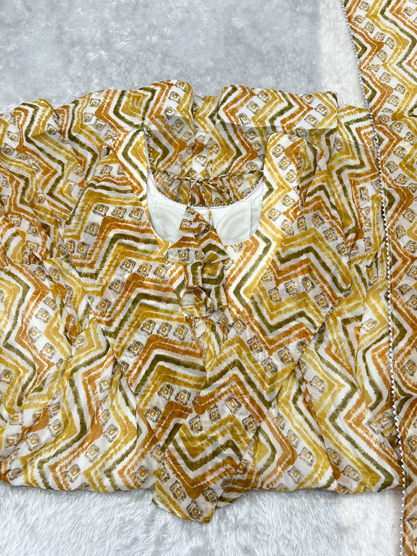 Lorenvalley Fashion Yellow Pure Faux Georgette Zigzag Print Fully Flair Anarkali Pant With Dupatta - Yellow - Swadesiicart