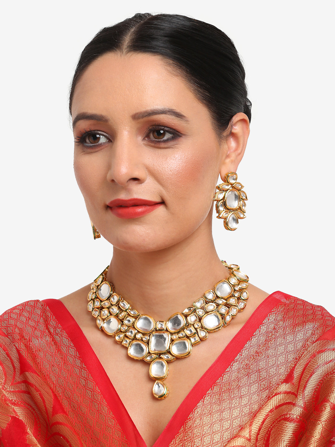 Gold-Toned Kundan Necklace With Earrings - Ruby Raang - Ruby Raang Studio