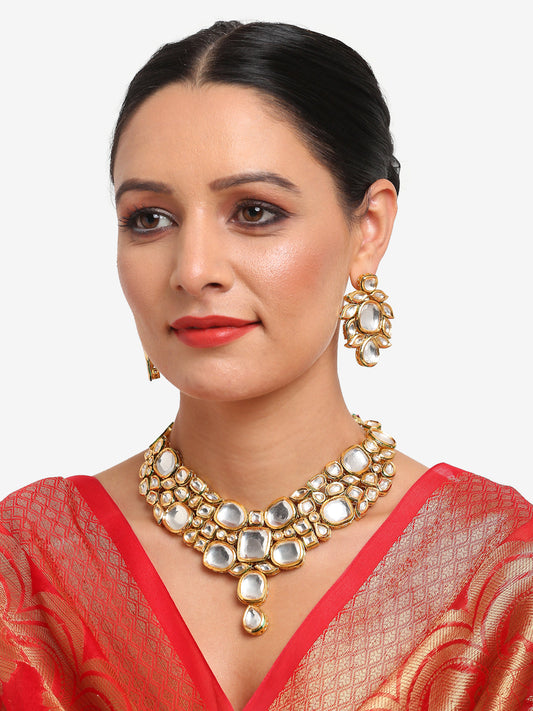 Gold-Toned Kundan Necklace With Earrings - Ruby Raang - Ruby Raang Studio