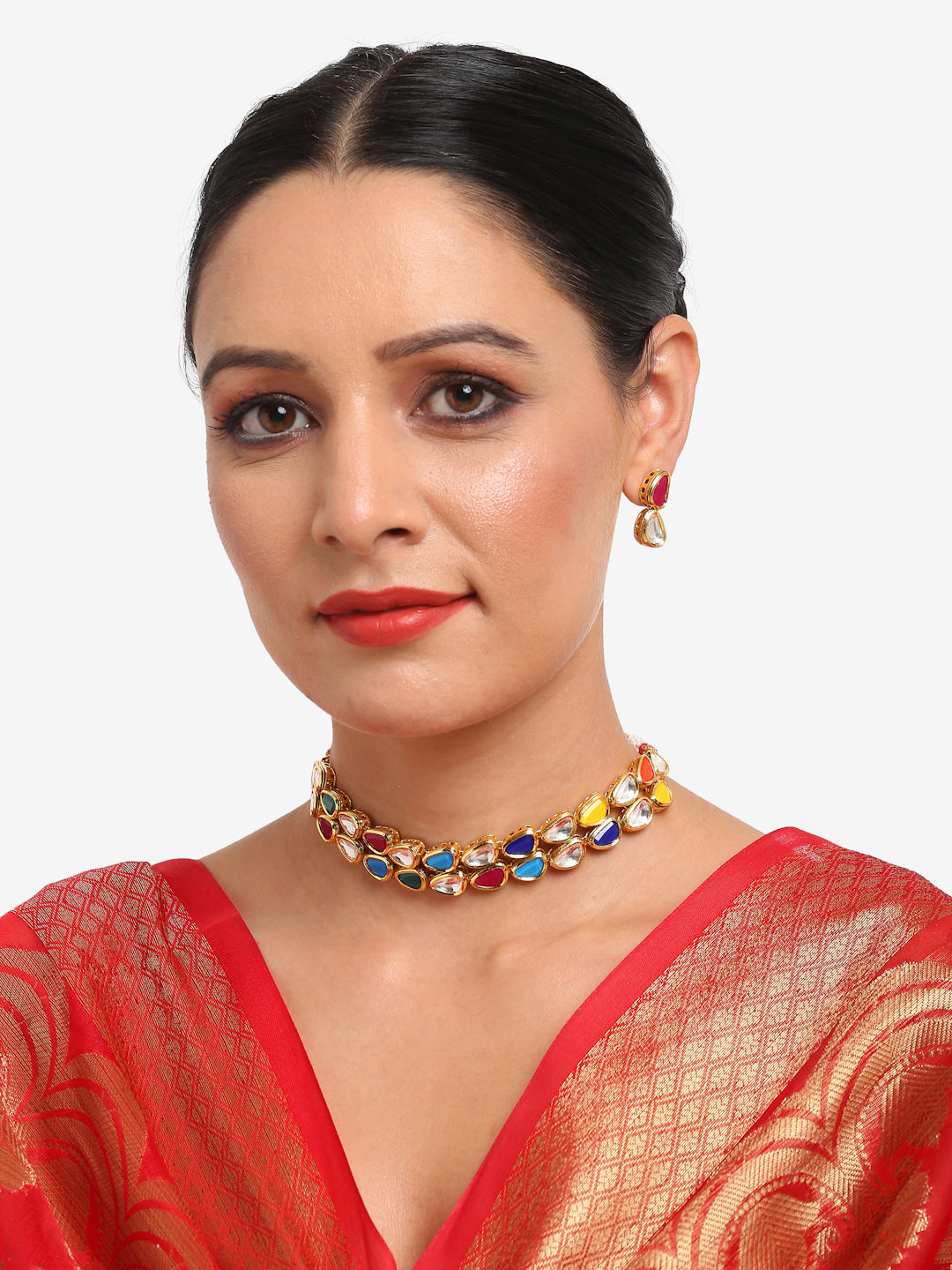 Multioloured Kundan Studded Choker Jewellery Set - Ruby Raang | Swadesiicart