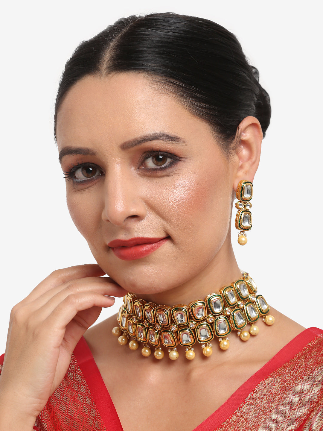 White Gold Toned Meenakari Kundan Choker With Earrings - Ruby Raang | Swadesiicart
