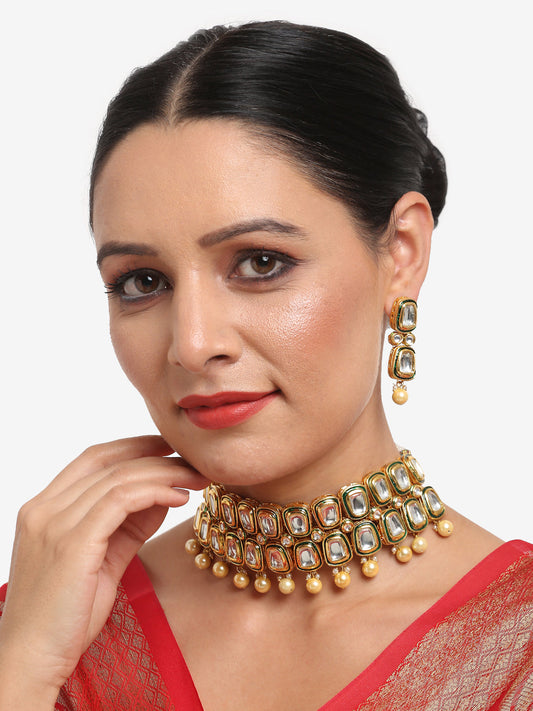 White Gold Toned Meenakari Kundan Choker With Earrings - Ruby Raang | Swadesiicart