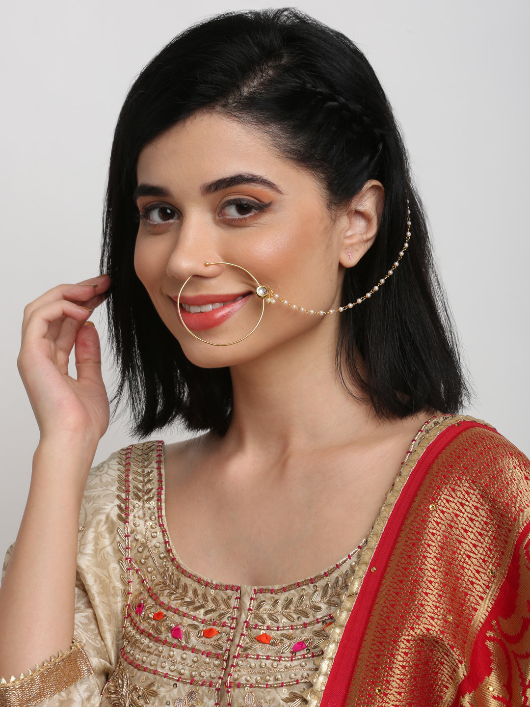 Gold-Polished Kundan Nose Ring - Ruby Raang | Swadesiicart