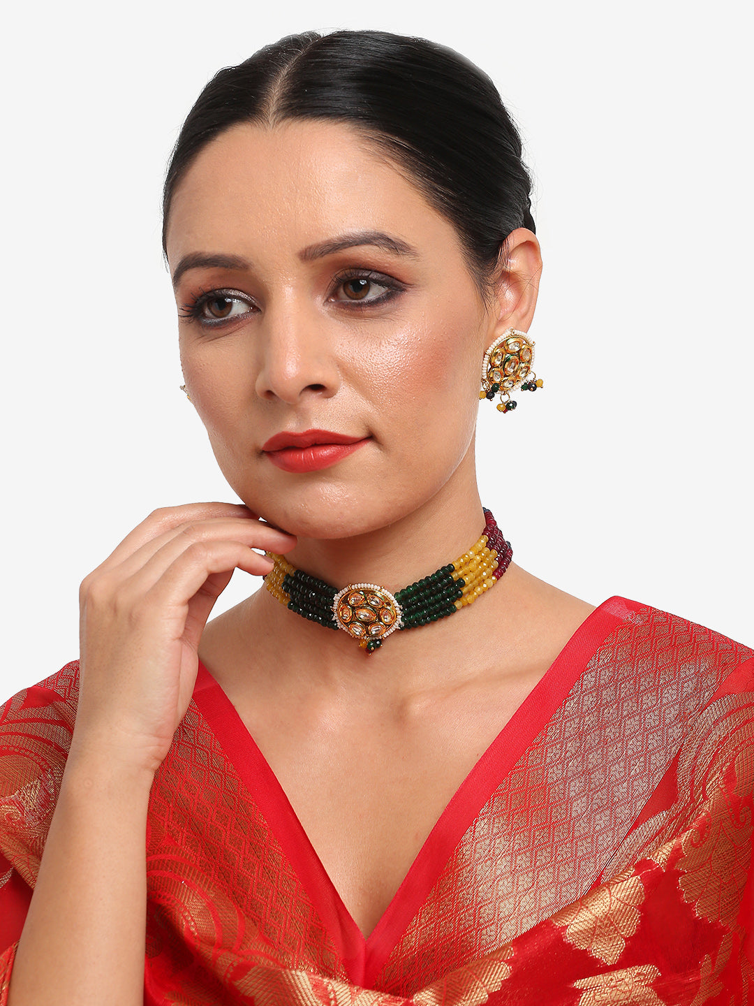 Multicoloured Kundan-Studded Beaded Choker Jewellery Set - Ruby Raang | Swadesiicart