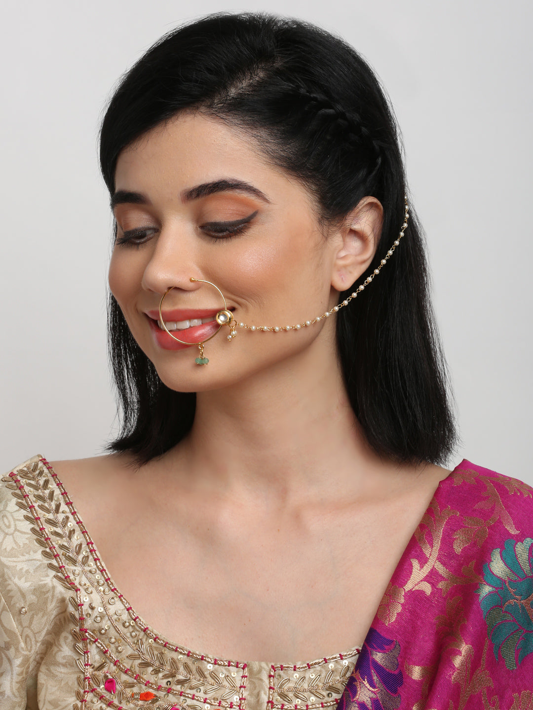 Gold-Polished Kundan Nose Ring - Ruby Raang | Swadesiicart