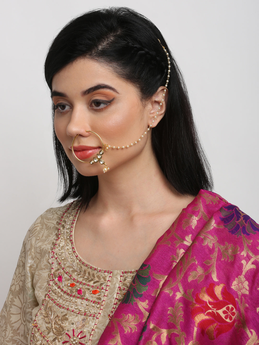 Gold-Polished Kundan Nose Ring - Ruby Raang | Swadesiicart