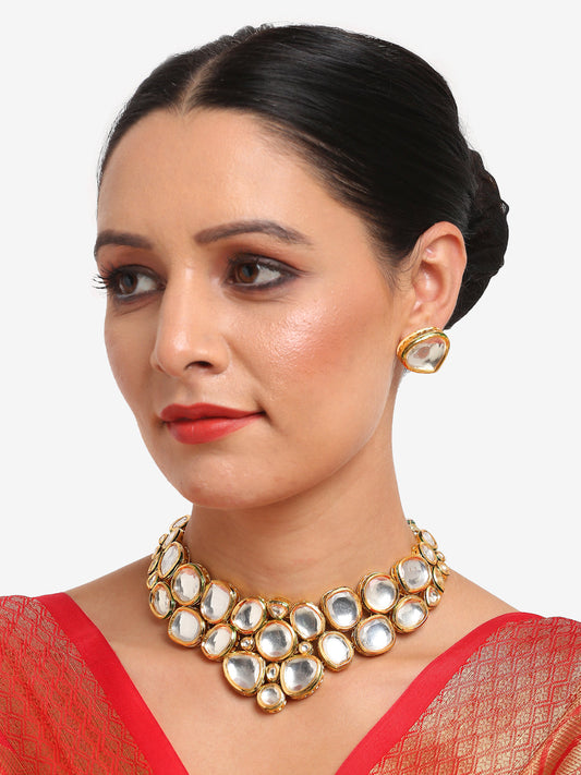 Gold Kundan Choker With Studs - Ruby Raang | Swadesiicart