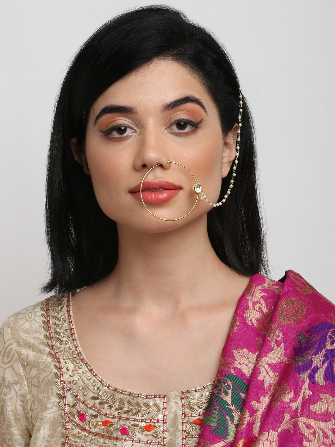 Gold-Polished Tear Drop Kundan Nose Ring - Ruby Raang | Swadesiicart