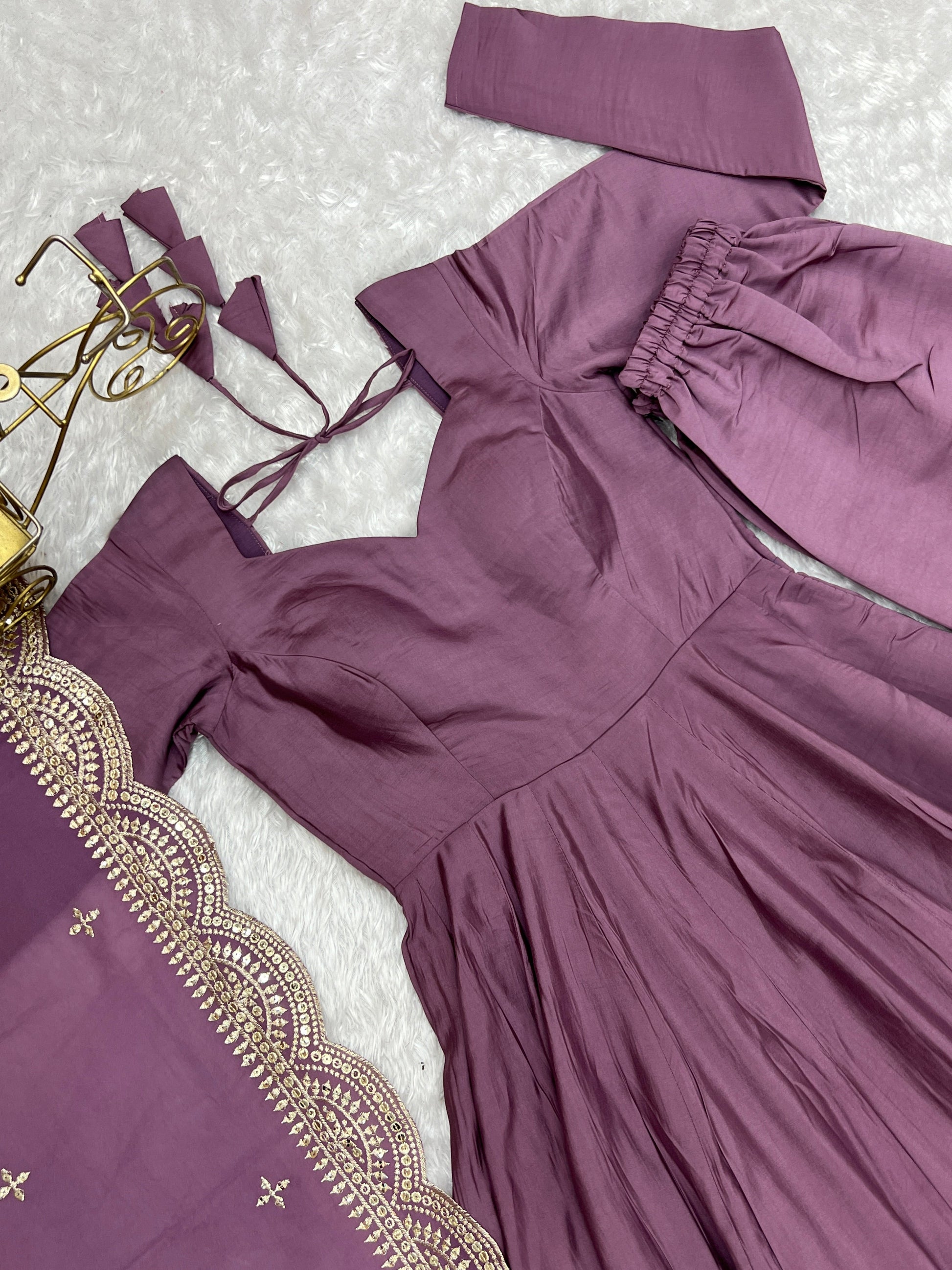 Lorenvalley Fashion Mauve Pure Roman Silk Chanderi Fabric Fully Flared Anarkali Pant With Dupatta Set - Mauve | Swadesiicart