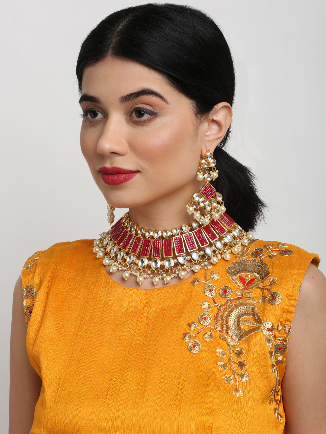 Long Kundan Neckpiece With Earrings - Ruby Raang - Ruby Raang Studio