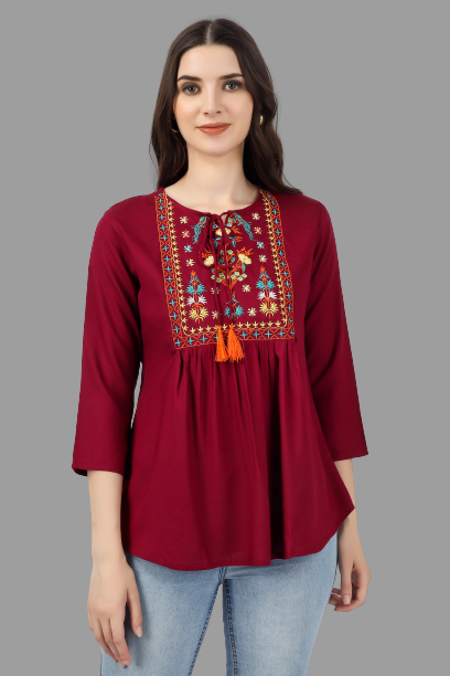 House of RP Women Marron Rayon Embroidered Flared Tunic | Swadesiicart