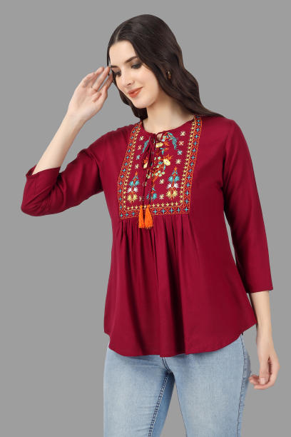 House of RP Women Marron Rayon Embroidered Flared Tunic | Swadesiicart
