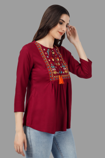 House of RP Women Marron Rayon Embroidered Flared Tunic | Swadesiicart