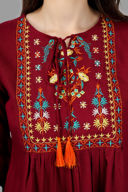 House of RP Women Marron Rayon Embroidered Flared Tunic | Swadesiicart
