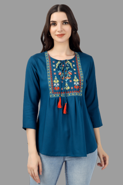 House of RP Women Light Blue Rayon Embroidered Flared Tunic | Swadesiicart