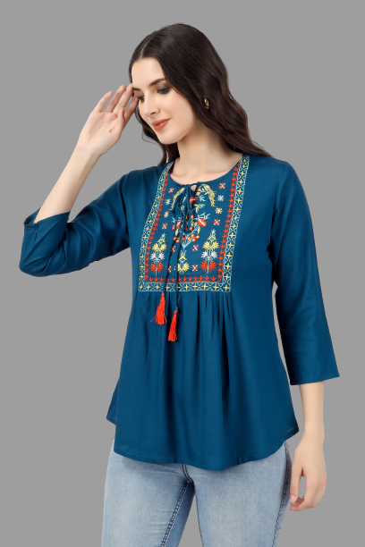 House of RP Women Light Blue Rayon Embroidered Flared Tunic | Swadesiicart