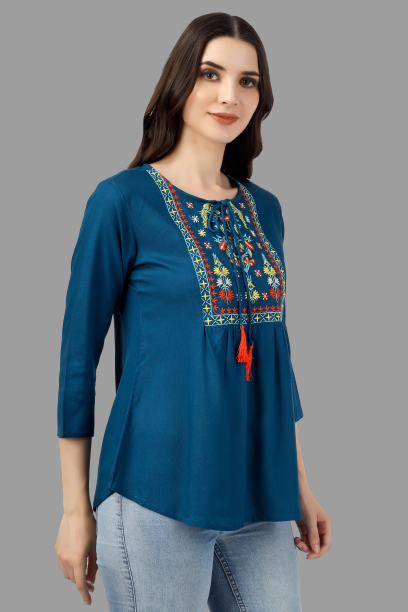 House of RP Women Light Blue Rayon Embroidered Flared Tunic | Swadesiicart