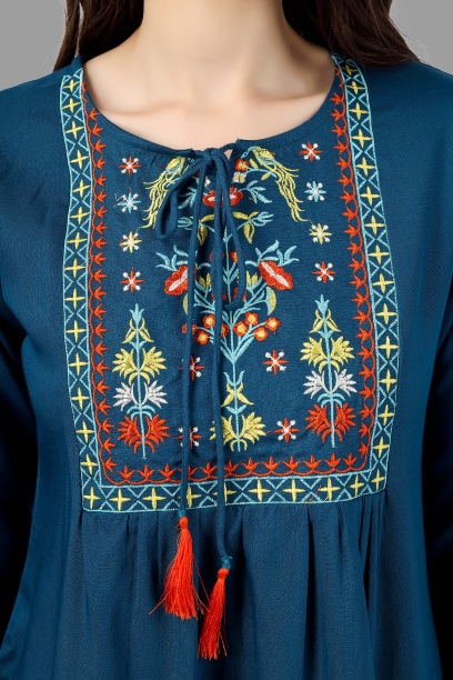 House of RP Women Light Blue Rayon Embroidered Flared Tunic | Swadesiicart