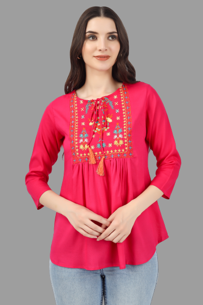 House of RP Women Pink Rayon Embroidered Flared Tunic | Swadesiicart