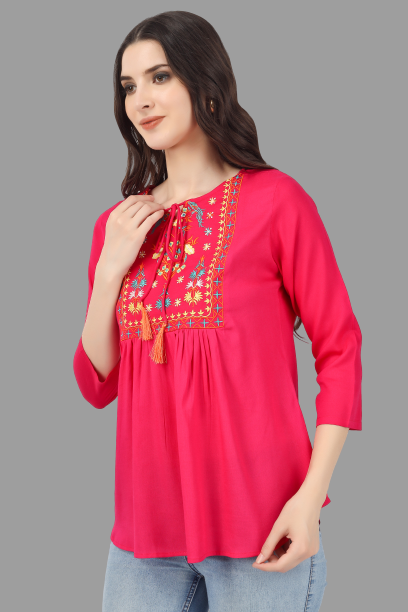 House of RP Women Pink Rayon Embroidered Flared Tunic | Swadesiicart