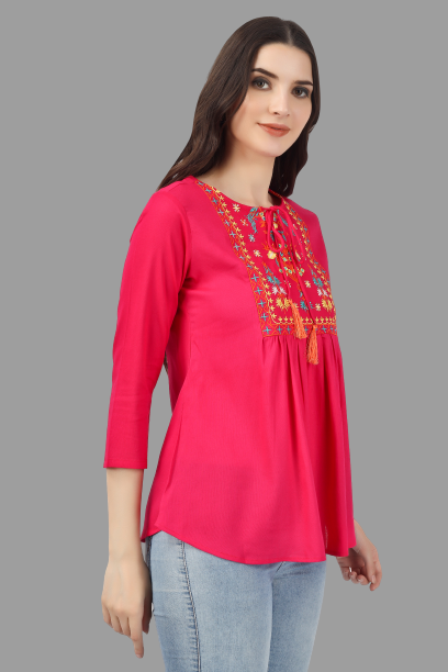 House of RP Women Pink Rayon Embroidered Flared Tunic | Swadesiicart