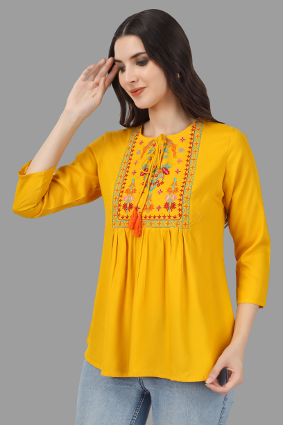 House of RP Women Yellow Rayon Embroidered Flared Tunic | Swadesiicart