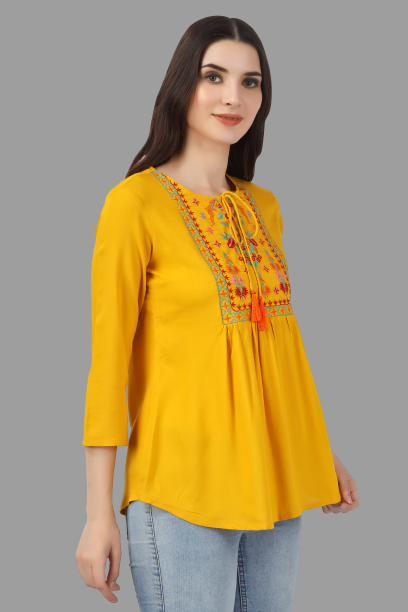 House of RP Women Yellow Rayon Embroidered Flared Tunic | Swadesiicart