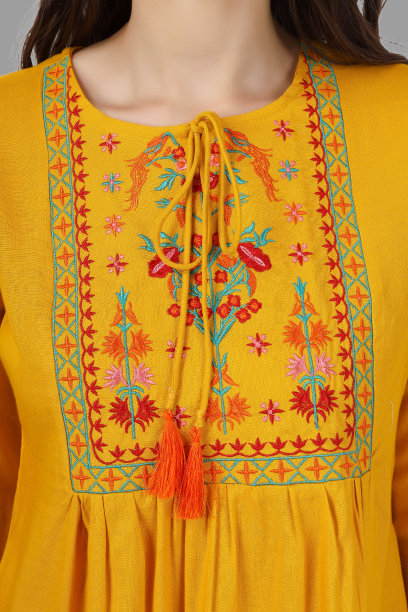 House of RP Women Yellow Rayon Embroidered Flared Tunic | Swadesiicart