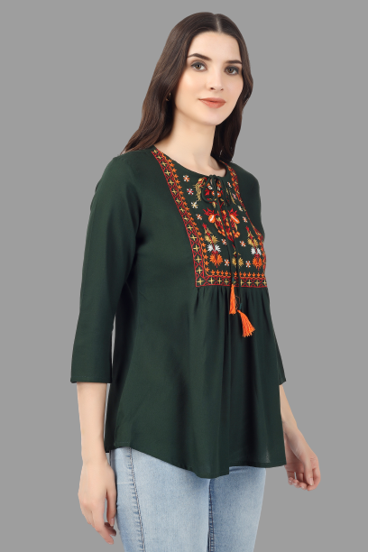 House of RP Women Green Rayon Embroidered Flared Tunic | Swadesiicart