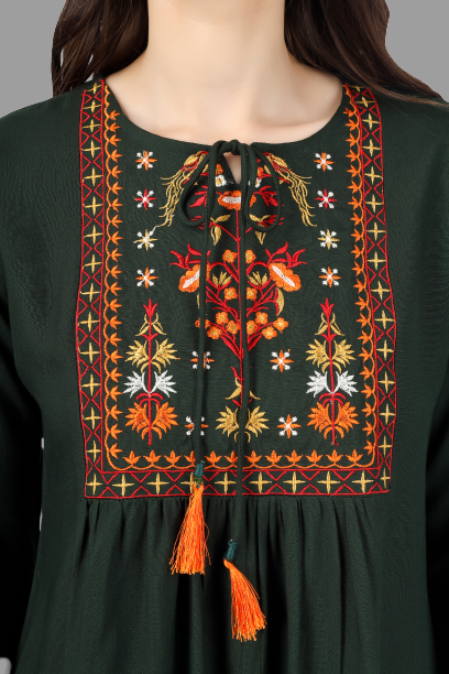 House of RP Women Green Rayon Embroidered Flared Tunic | Swadesiicart