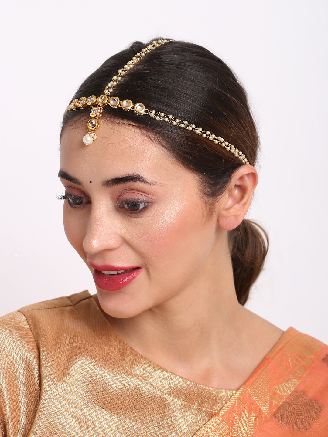 Gold-Polished White Kundan Beaded Matha Patti - Ruby Raang | Swadesiicart