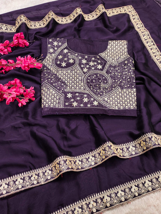 Lorenvalley Fashion Purple Rangoli Silk with Coding Sequence and Multi Lace Work Saree with Blouse - Swadesiicart